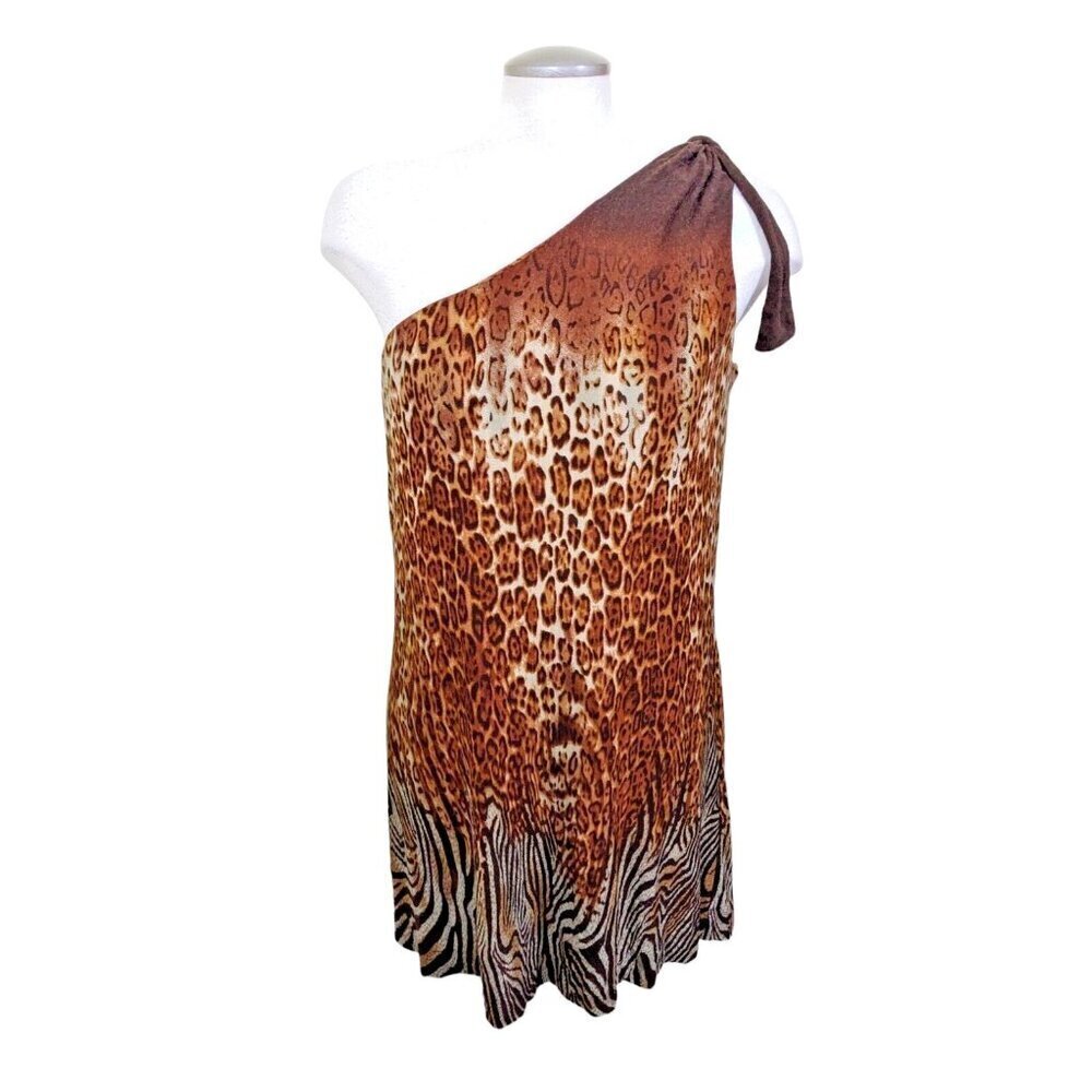 Bianca Nygard NEW One Shoulder Mini Dress Size 14 Leopard Print Brown Party Date